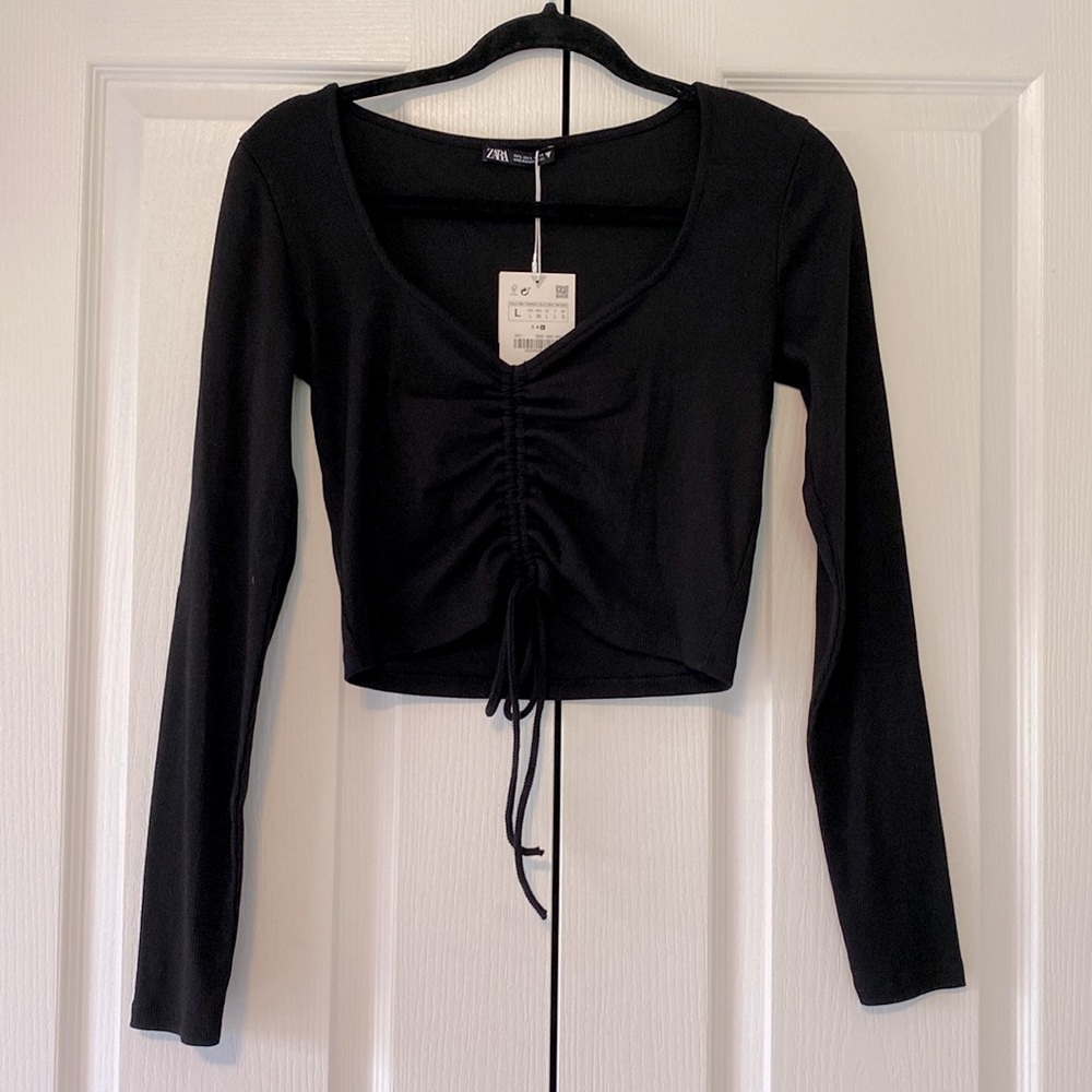 NWT Zara Black Ruched Long Sleeve Top - Picture 4 of 8
